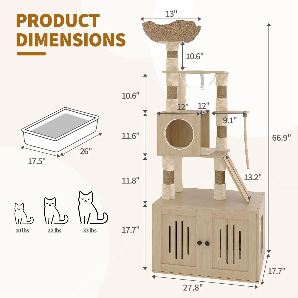 HiMISSCN Cat Tree With Litter Box Enclosure And Storage