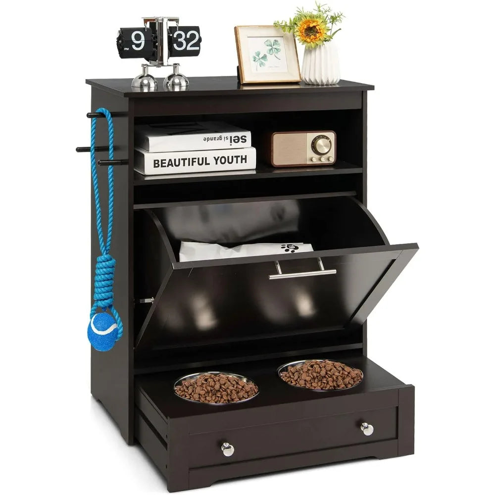 Pet Feeder Station With Double Pull-Out Bowls Dog Food Storage Cabinet