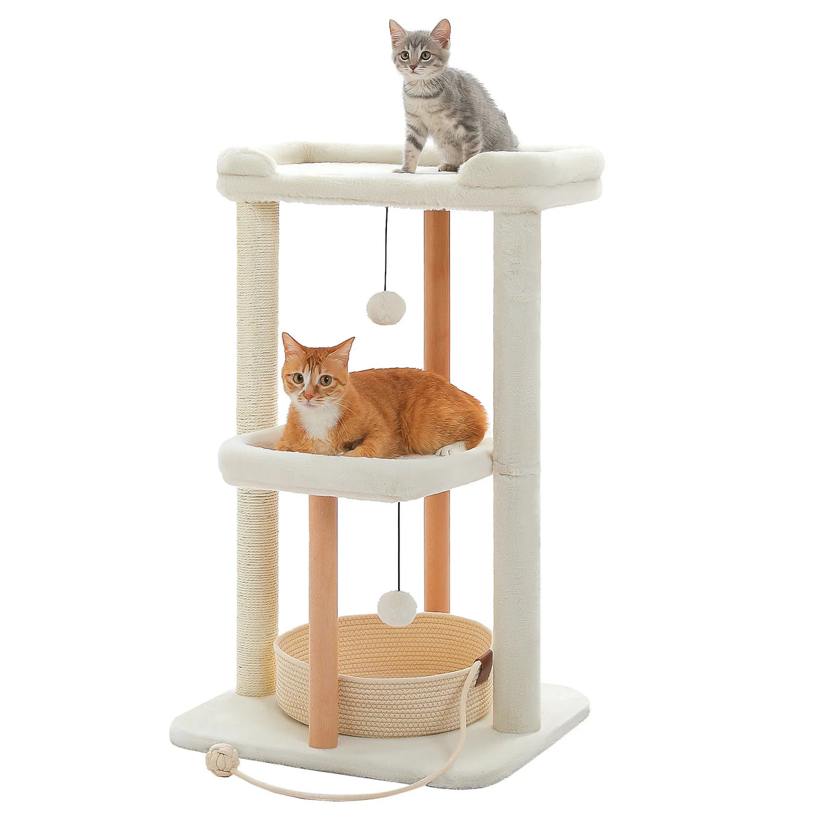 Modern Cat Tree for Indoor Cats Wood Cat Tower with Removable Bed Sisal Scratching Posts and Solid Wood Posts 2 Large Platforms Cat Bed Cat Toys