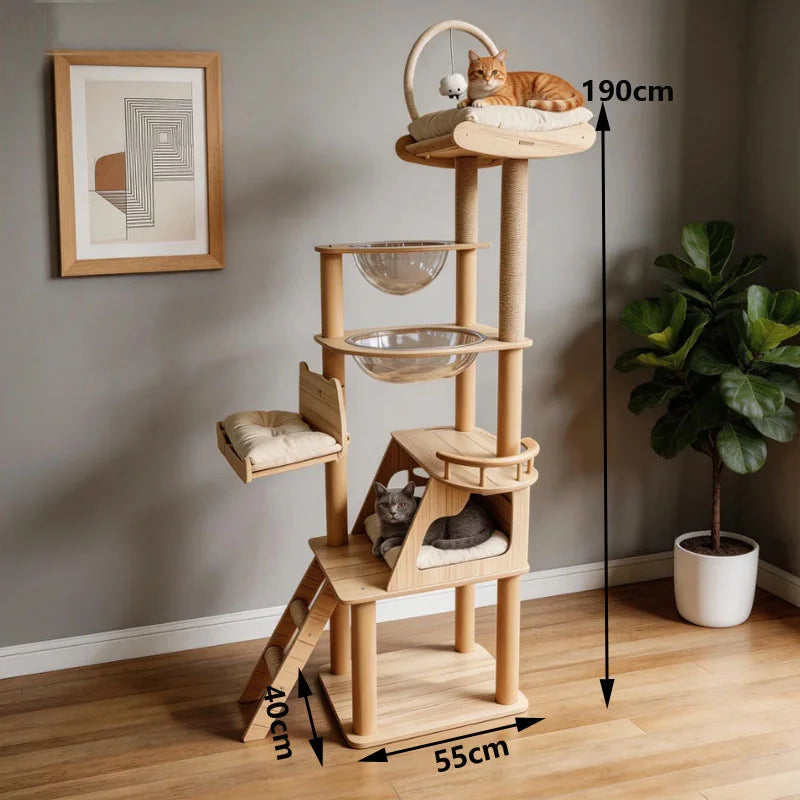Multi-Level Cat Tree with Acrylic Pods & Sisal Posts – 74.8in Tall Cat Climbing Tower for Indoor Cats, Features Cozy Hideaway Condo, Padded Lounging Deck & Premium Top Perch