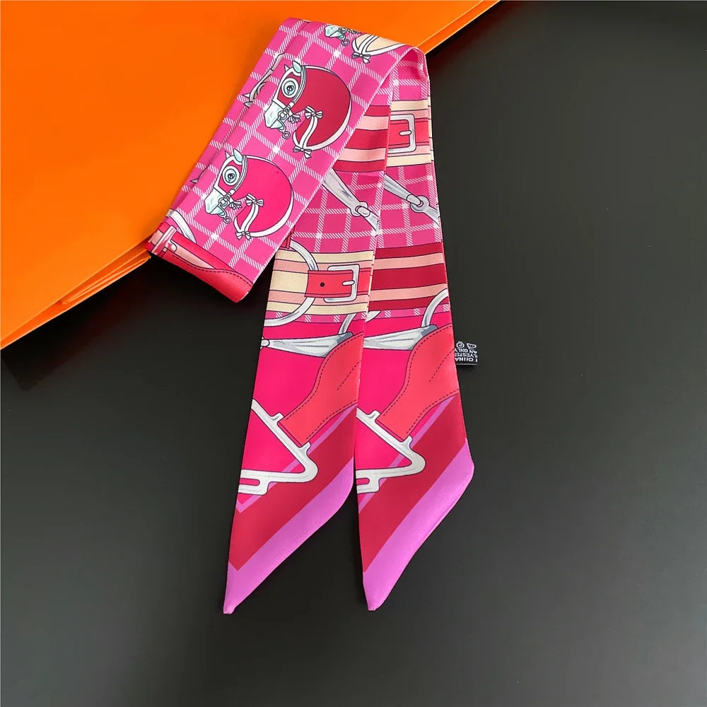 Gorgeous Saddle Print Summer Scarf 2023 Brand Design Women Skinny Bag Scarves Hair Band Neck Silk Scarf Ladies Foulard Headband