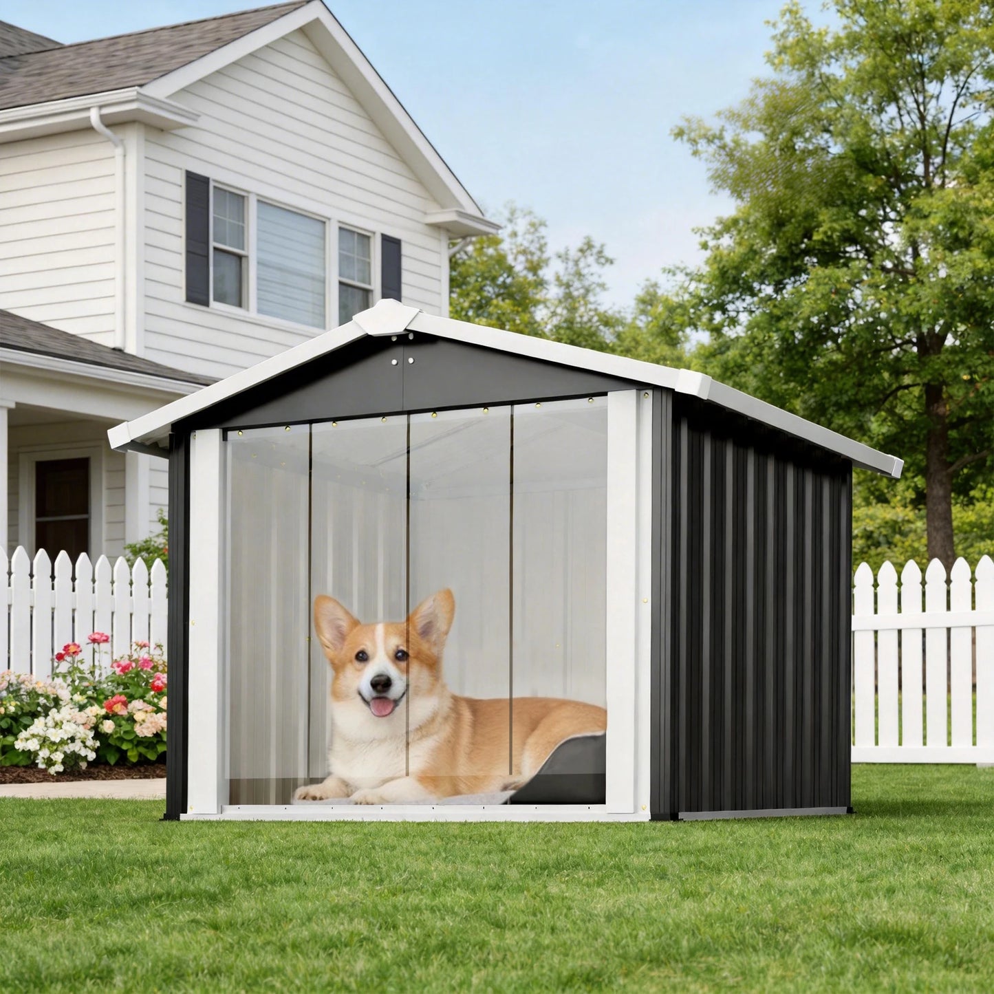39.7x35.8x33.3 in 2 in 1 Metal Dog House Storage Shed Waterproof Shelter PVC Curtain Vent for Med Large Dogs Multi Pets Garden Yard