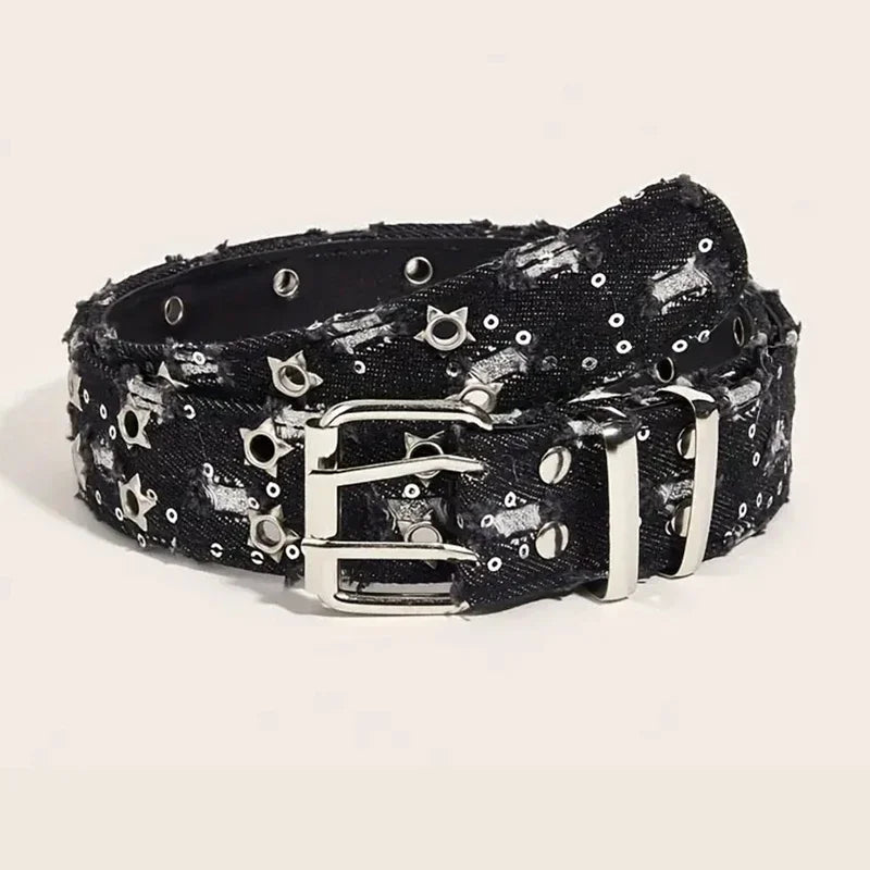 2026New Fashion Luxury Belt Black Punk Accessories Blue Denim Girdle HipHop Y2k Star Hollowed Pin Buckle Waistband,For Men Women
