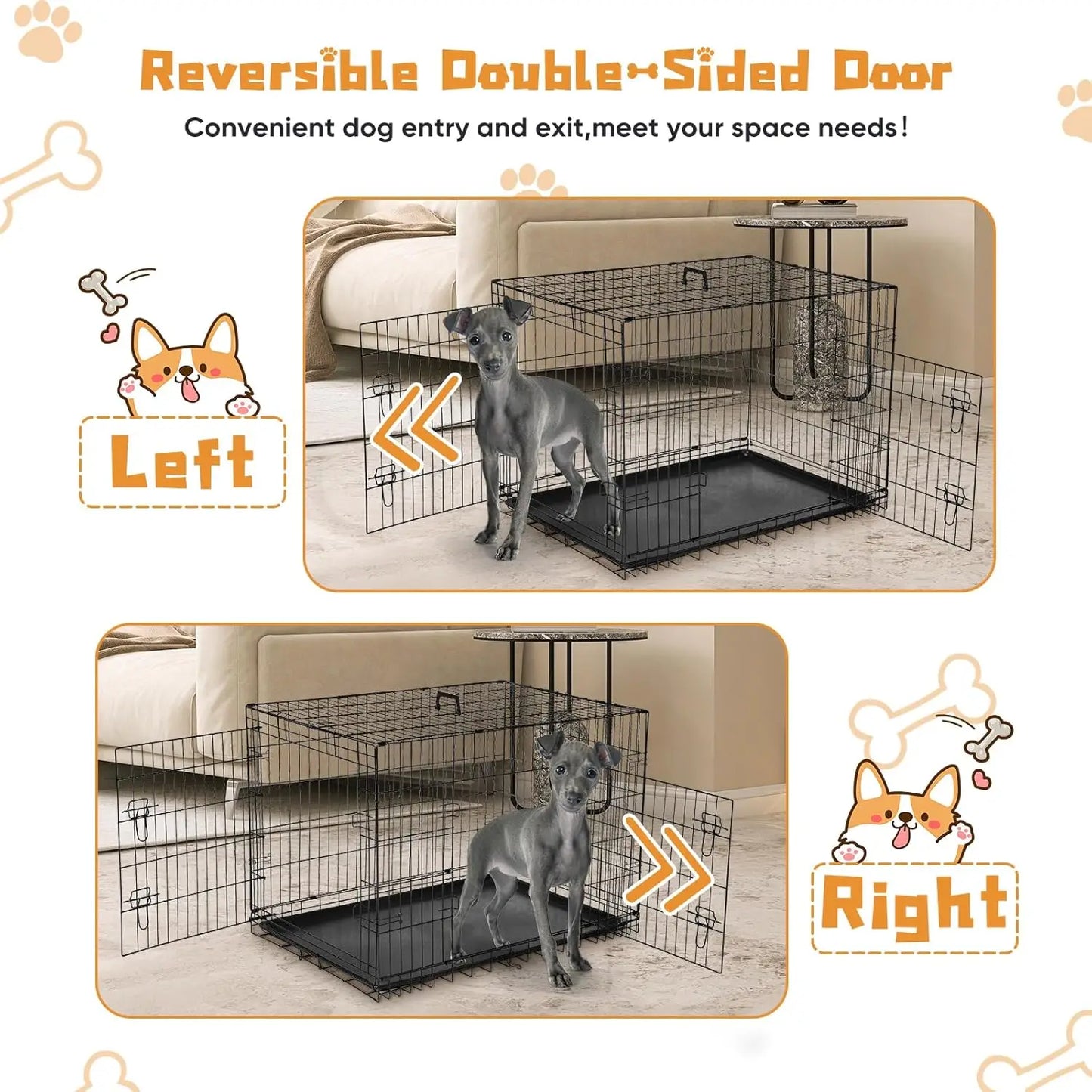 Double Door Dog Cage With Leak Proof Tray Folding Kennel