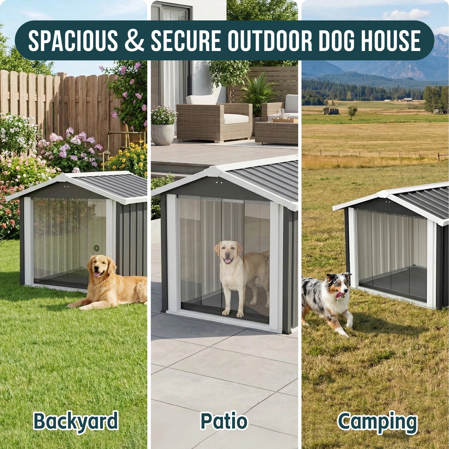 39.7x35.8x33.3 in 2 in 1 Metal Dog House Storage Shed Waterproof Shelter PVC Curtain Vent for Med Large Dogs Multi Pets Garden Yard