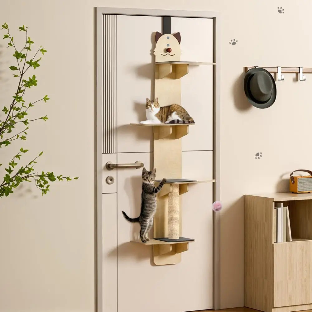 Indoor Over Door Cat Hanger 4-Layer Vertical Cat Climbing Shelf Cats Tree with Scratching Pad Post Tease Cat Ball Home Use