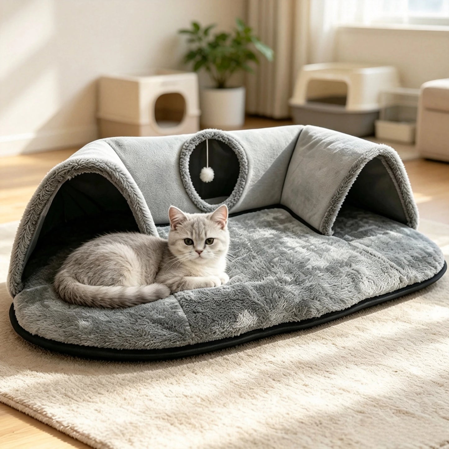 2 In 1 Cat Tunnel Bed With Soft Plush Cushion Multisize Warm Hideaway Cave With Hanging Pom-pom Toy Interactive Play Rest House Washable Pet Sleeping Mat For Kitten Small Indoor Cats