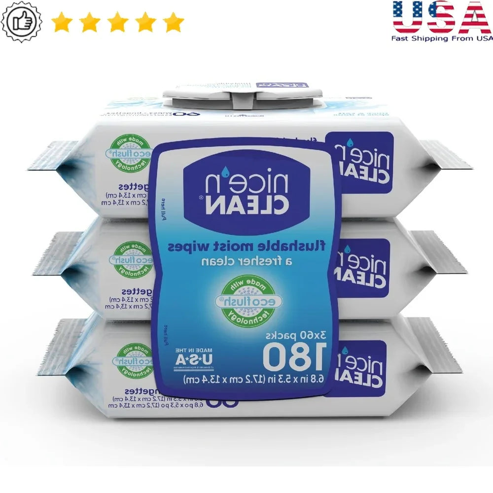 Eco-Friendly Flushable Wet Wipes 180 Count Aloe Vitamin E Hypoallergenic Septic Safe Potty Training Cleaning Multi-Pack