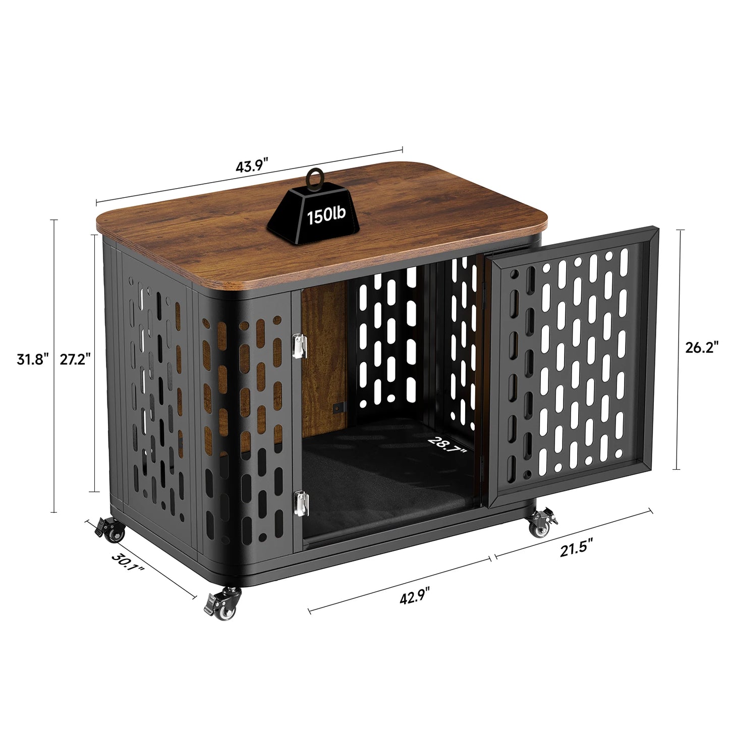 ONBRILL Wood Dog Kennel Crate With Cushion And Wheels