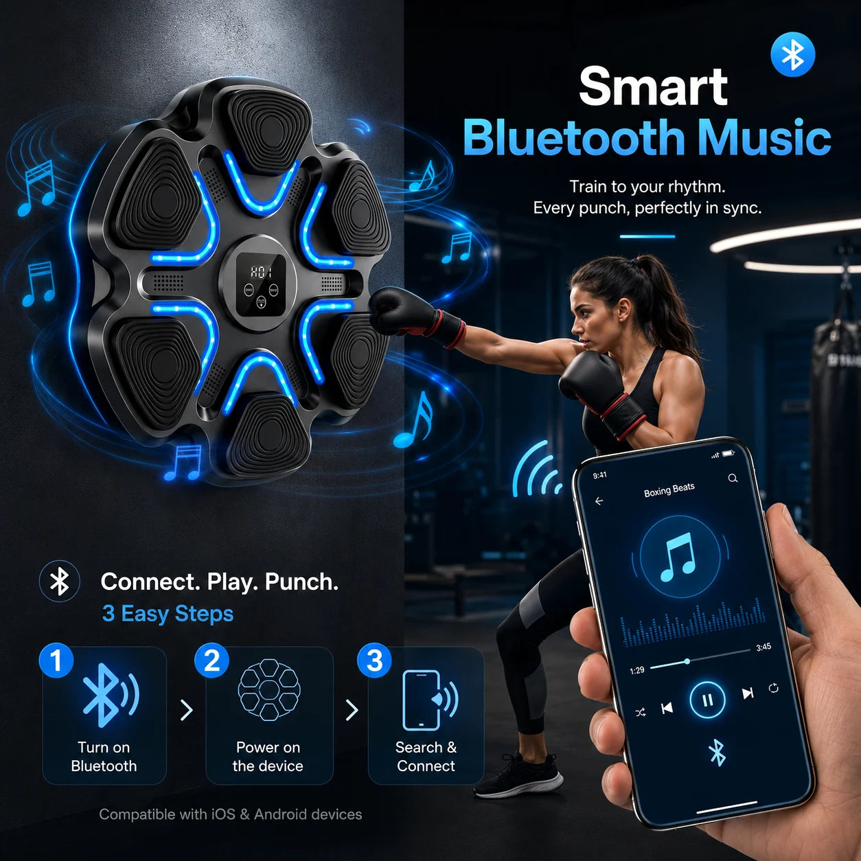 Music Punching Workout Machine 6 LED Light Targets Real-time Counting Function 5 Volume Levels Adjustable Training Intensity Rechargeable Boxing Reaction Trainer for Home Gym