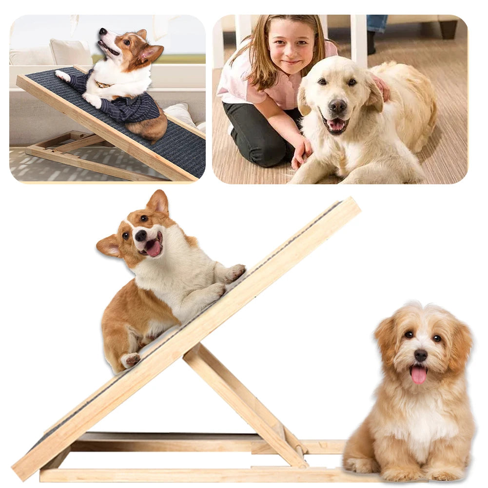 Wooden Cat Pet Ramps 3/4 Levels Height Adjustable Foldable Pet Ladder Non-Slip Versatile for Indoor High Bed Couch