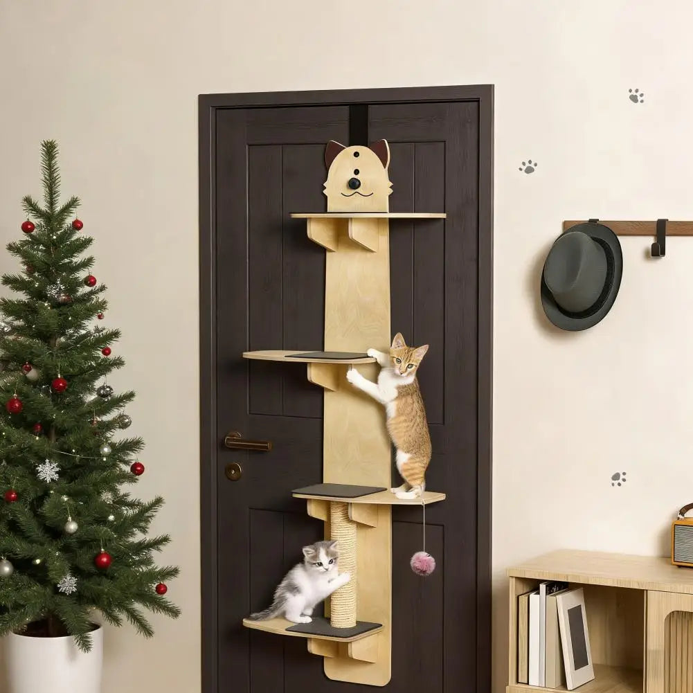 Indoor Over Door Cat Hanger 4-Layer Vertical Cat Climbing Shelf Cats Tree with Scratching Pad Post Tease Cat Ball Home Use