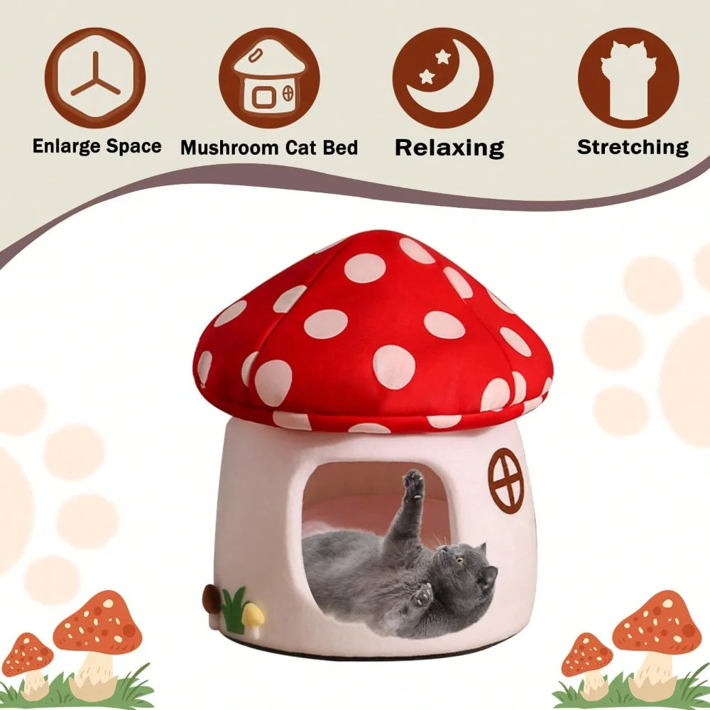 Soft Mushroom Cat Bed House with Cow Print, Semi-Enclosed Plush Cave Nest with Washable Cushion for Cats and Small Dogs