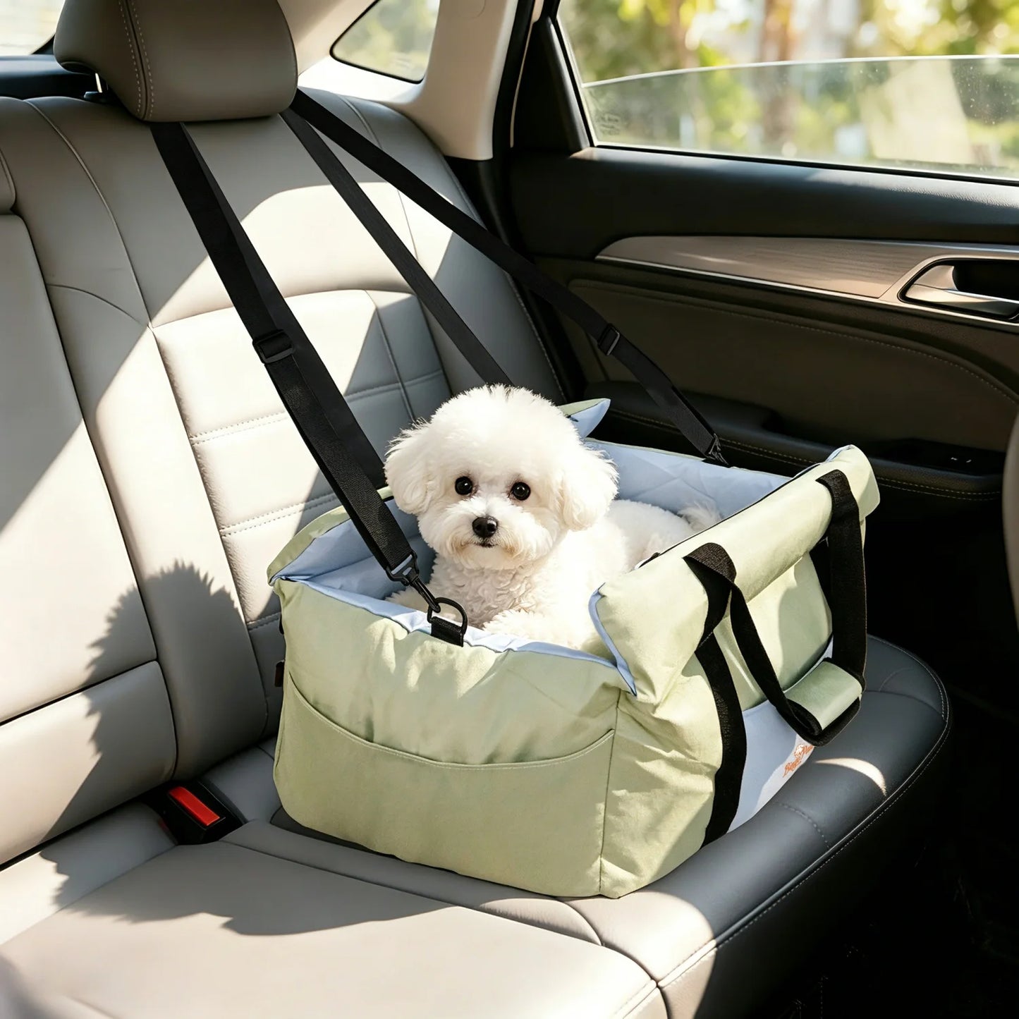 Dog Car Seat for Small Dogs Soft Pet Car Travel Carrier Bed w/ Safety Belt and Storage Pocket Cat Booster Carseats up to 22 lbs