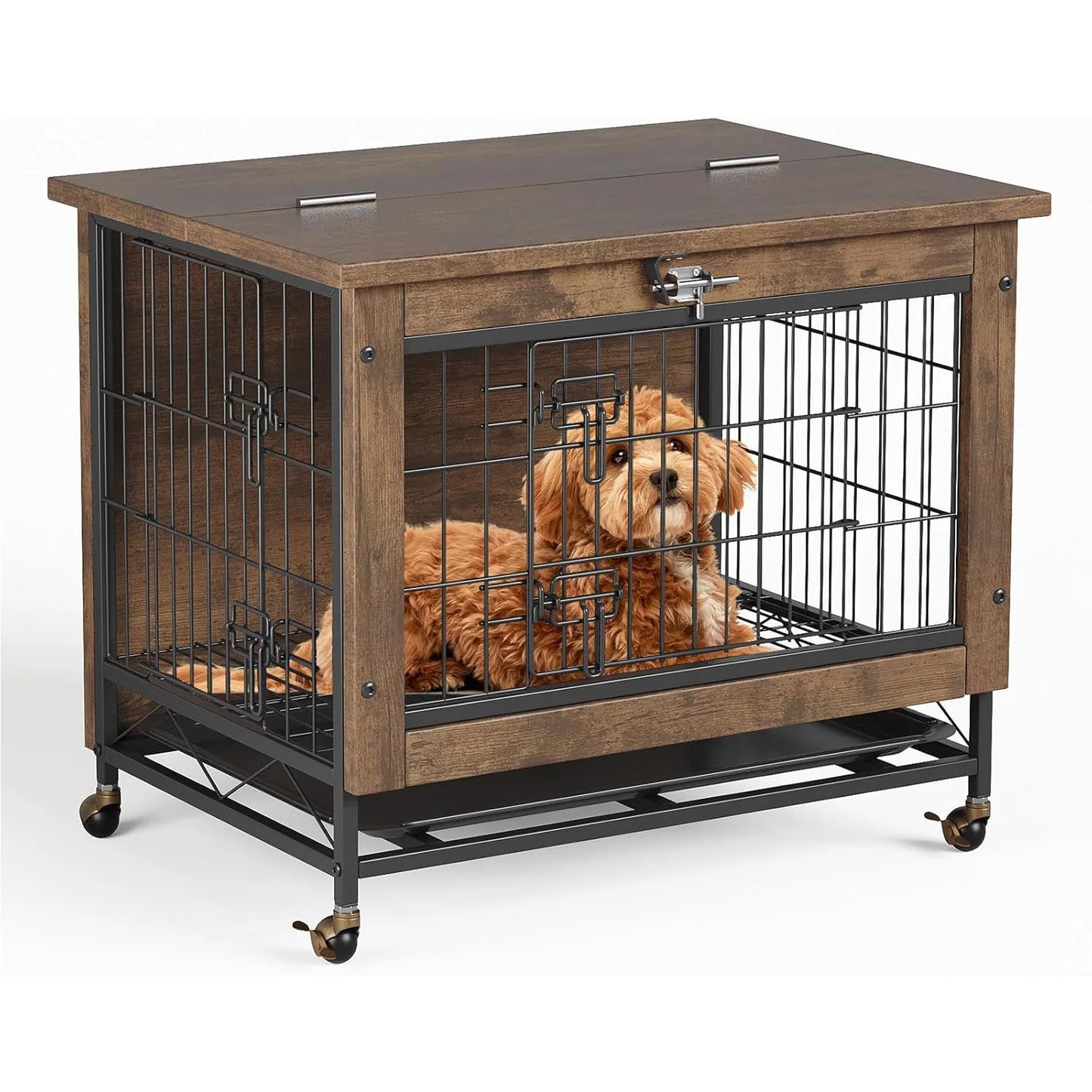 HiMISS Rustic Wood And Metal Dog Crate Furniture With Wheels