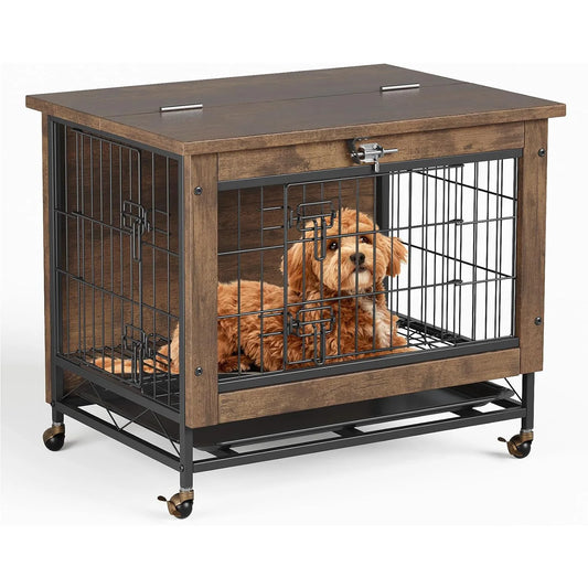 HiMISS Rustic Wood And Metal Dog Crate Furniture With Wheels