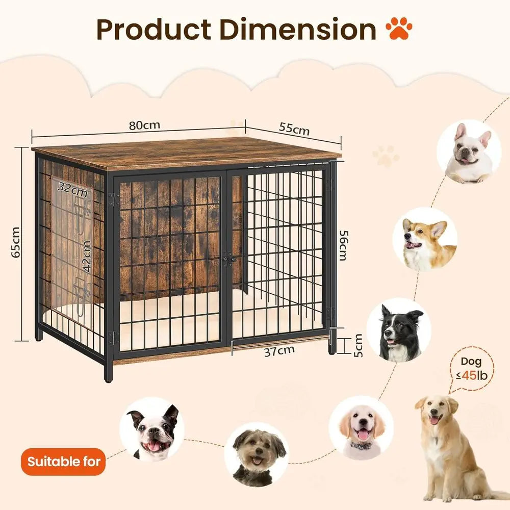 Wooden Dog Crate Kennel With Cushion Heavy-Duty Indoor Cage