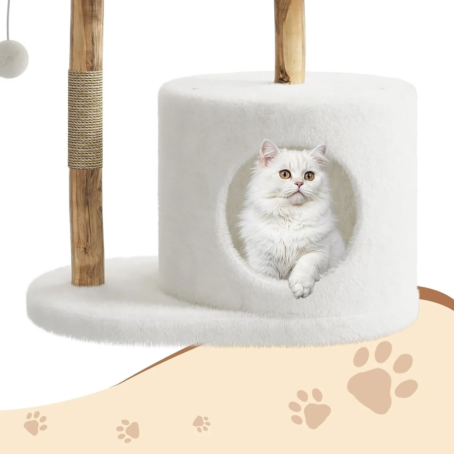 43 Inch Wooden Cat Tree Tower with Rattan, Large Cat Climbing Furniture, Multi-Level Activity Center with Perches, Sturdy Indoor Pet Furniture for Cats, Floor Mount