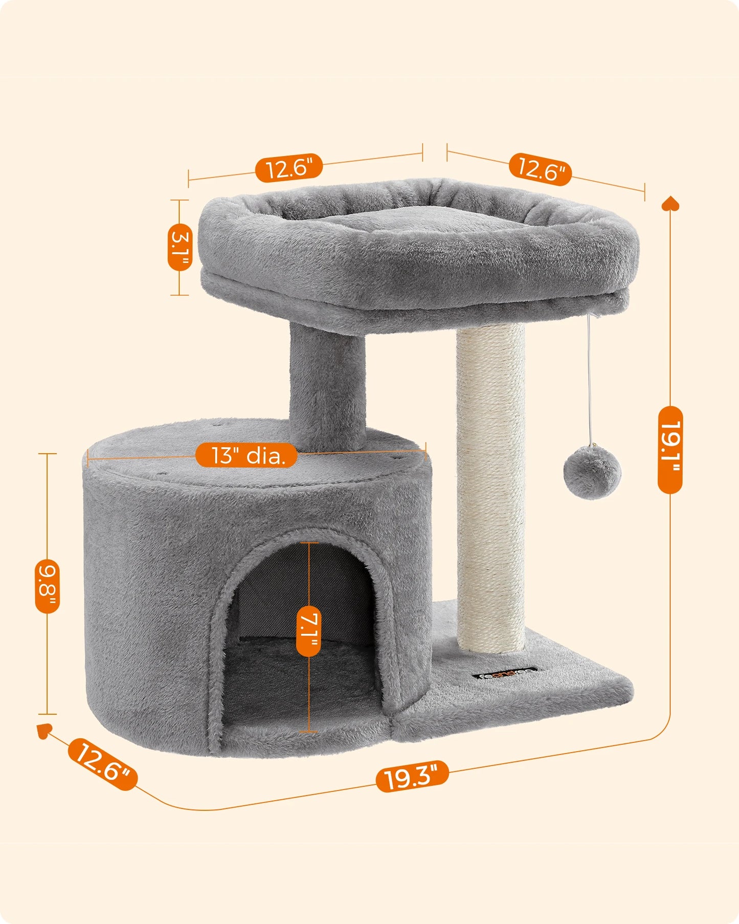 Feandrea Cat Tree, Small Cat Tower with Sisal Scratching Post, Plush Condo with Padded Perch, for Small Spaces, Kittens,
