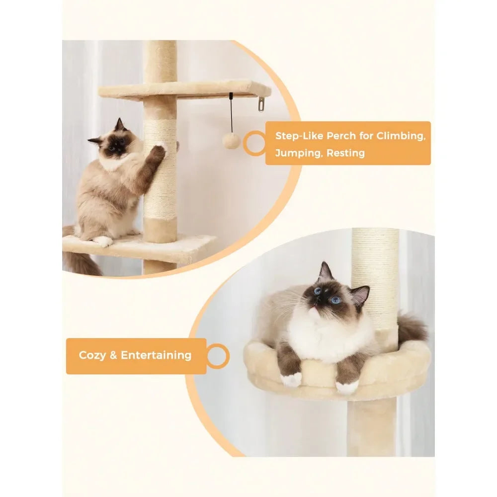 95107 Cat Tower 5Tier Floor To Ceiling Cat Tree Height Adjustable, Tall Climbing Tree Featuring With ching Post, Cozy Bed,
