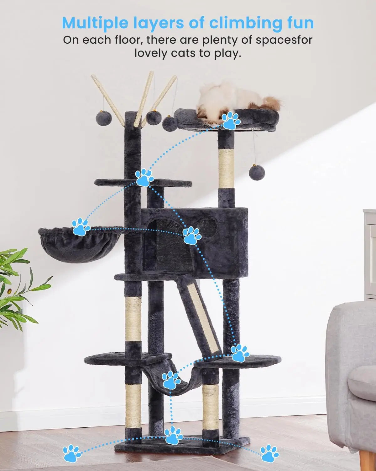 Cat Tree Tower With Padded Bed Hammocks And Scratching Posts