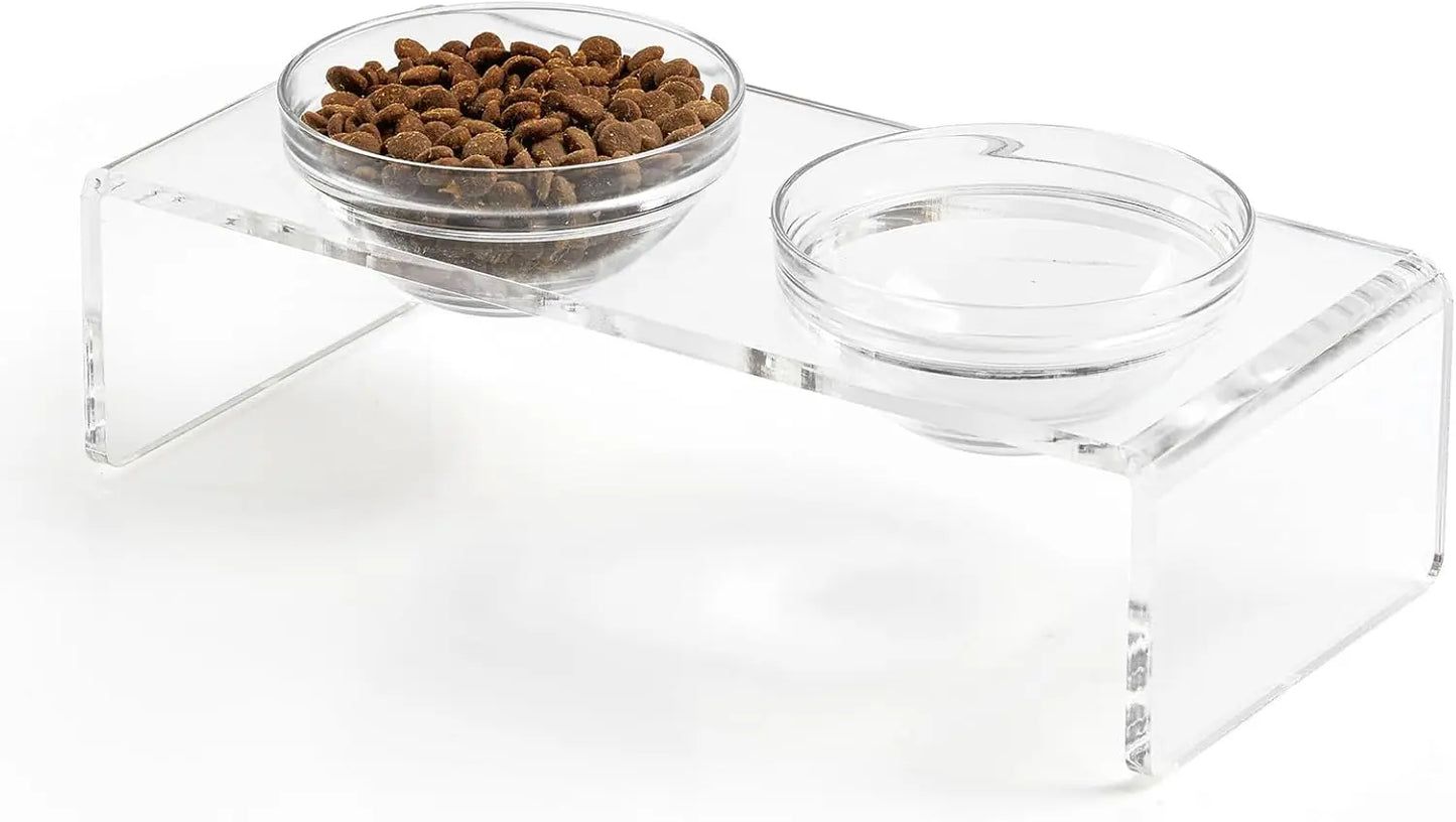 Acrylic Elevated Dog Cat Bowls Pet Feeder Double Bowl Raised Stand Comes with 2 Removable Glass Bowls and 2 Stainless Steel Bowls.Perfect for Large Dogs, 7.2" Tall