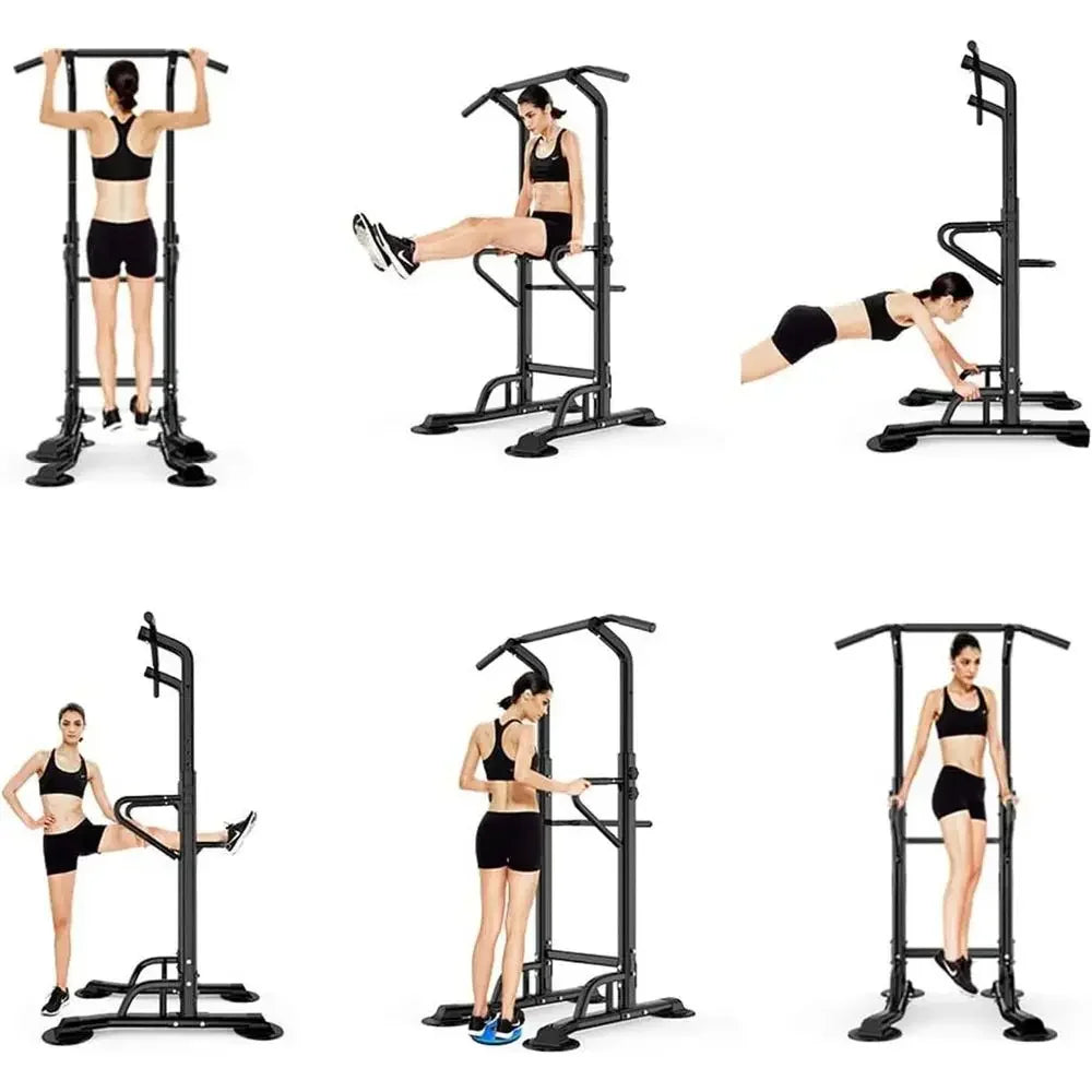 Adjustable Height Power Tower with Pull Up Bar and Dip Station - Multi-Function Strength Training Equipment for Home Gym (Black)