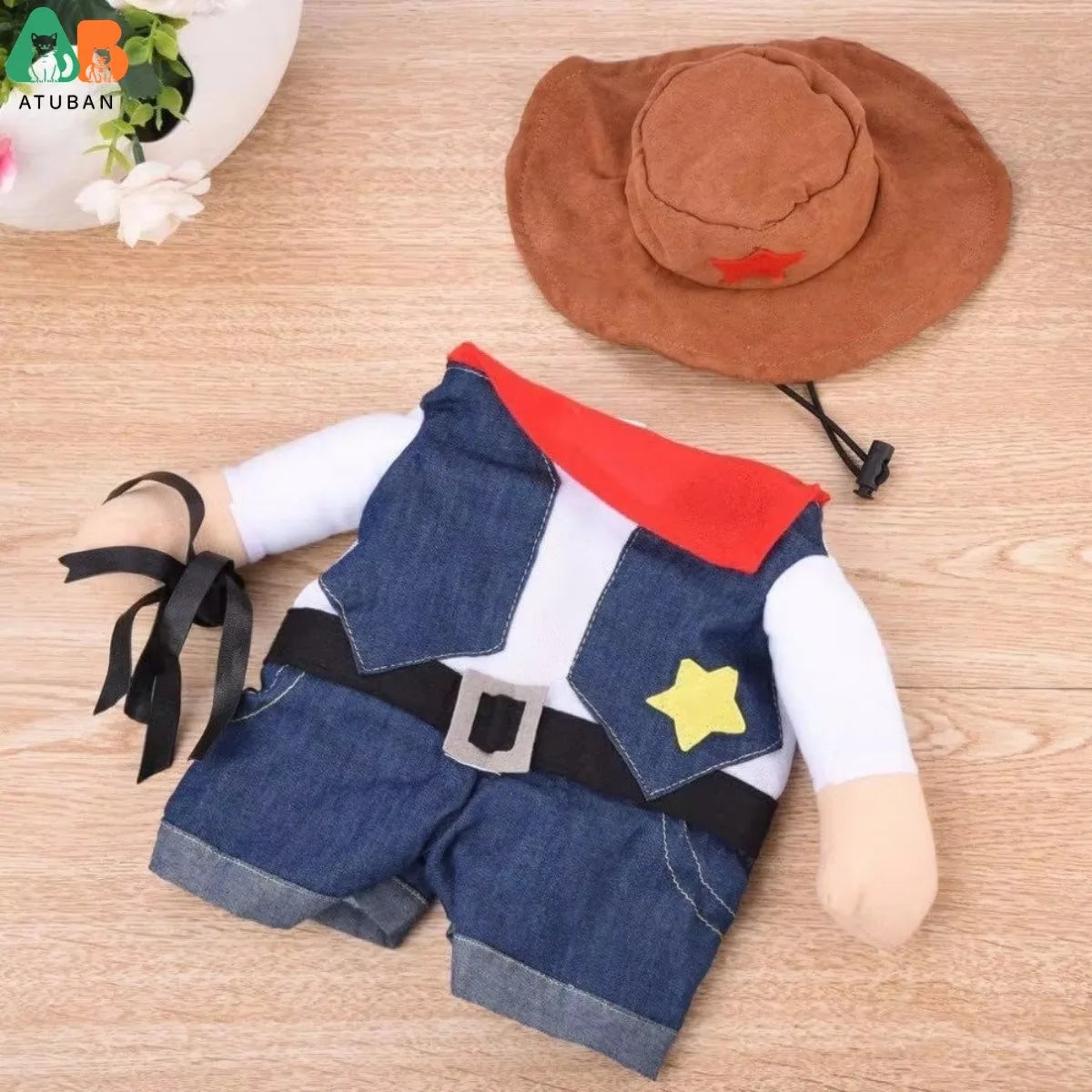 ATUBAN Western Cowboy Costume For Pets With Hat Plaid