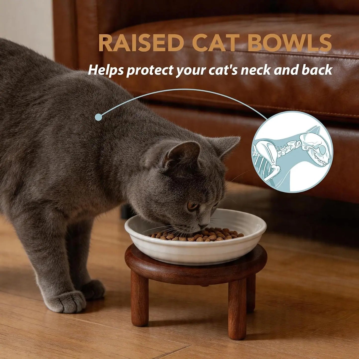 Elevated Cat Bowls Raised Ceramic Cat Bowl, 5.7” Wide Opening Cat Food Bowl Friendly Cat Dish Anti-Slip with Wood Stand, Shallow
