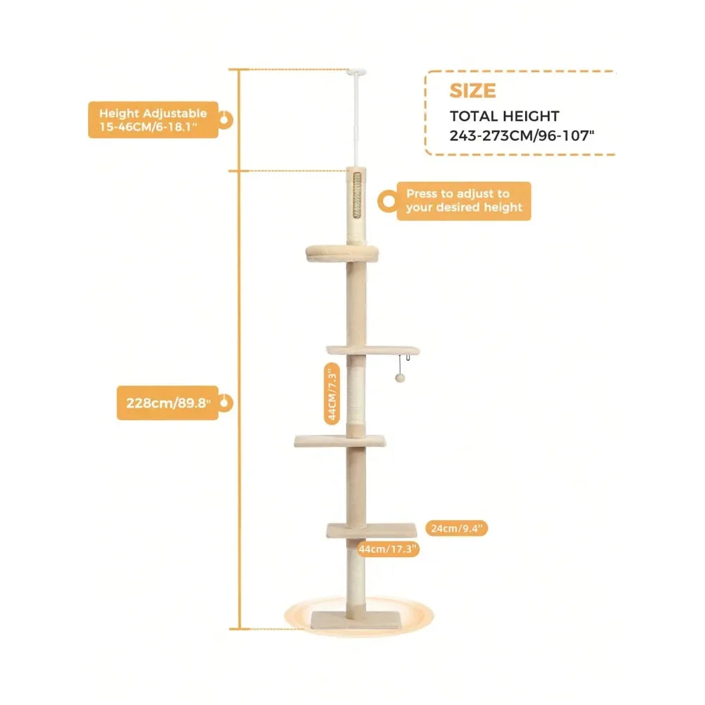 95107 Cat Tower 5Tier Floor To Ceiling Cat Tree Height Adjustable, Tall Climbing Tree Featuring With ching Post, Cozy Bed,