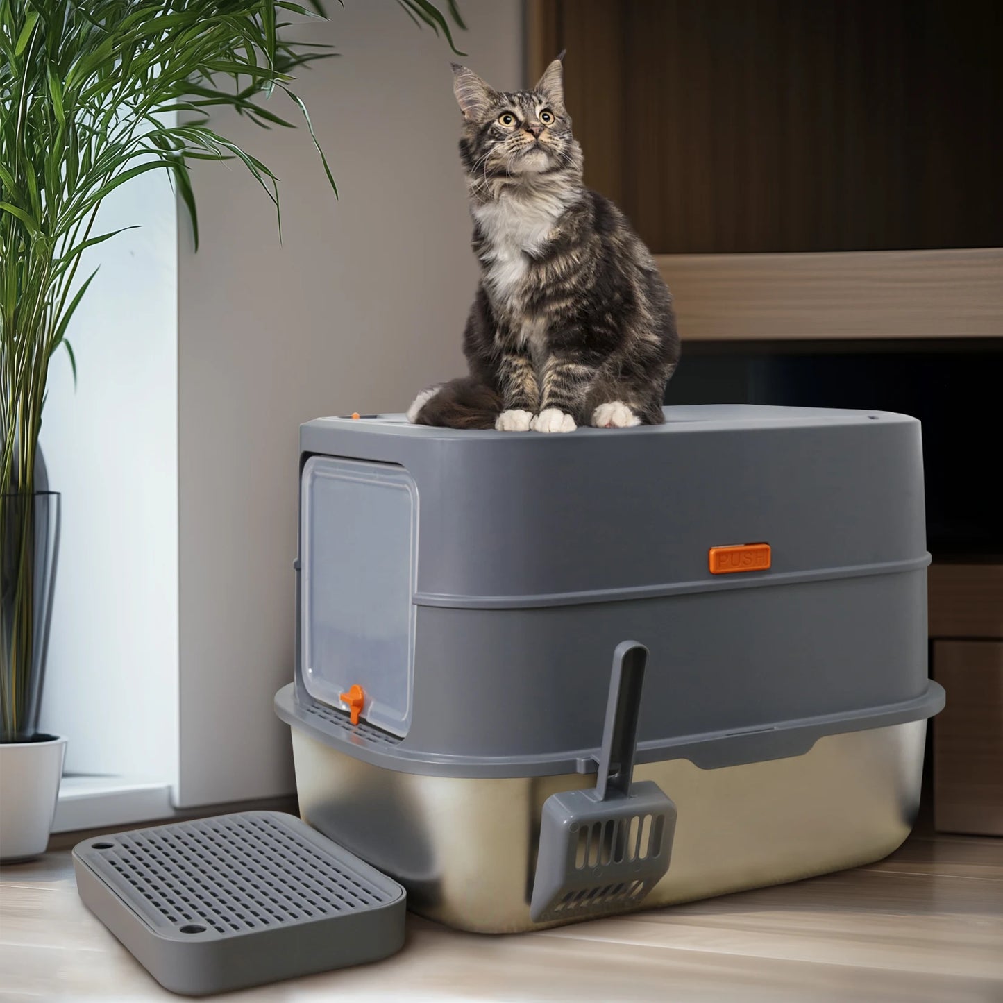 Large Enclosed Cat Litter Box With Lid And Scoop Stainless Steel