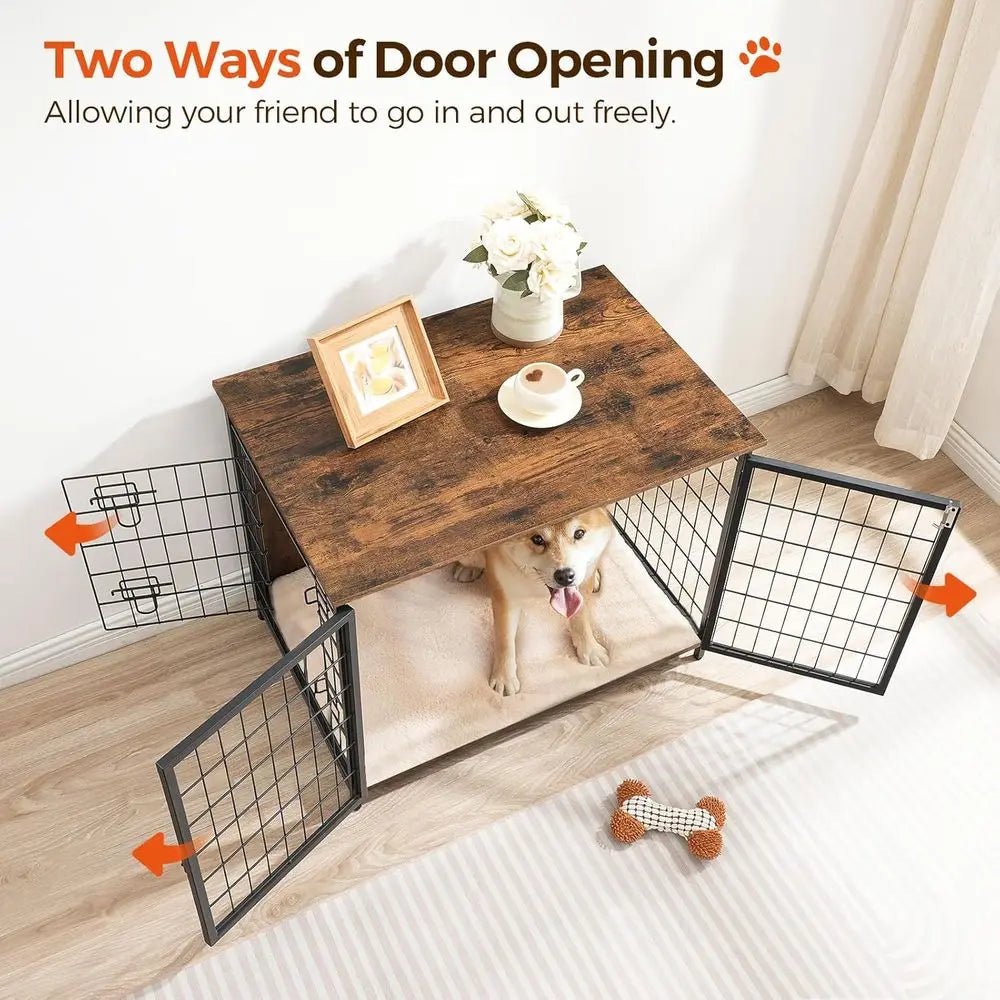 Wooden Dog Crate Kennel With Cushion Heavy-Duty Indoor Cage