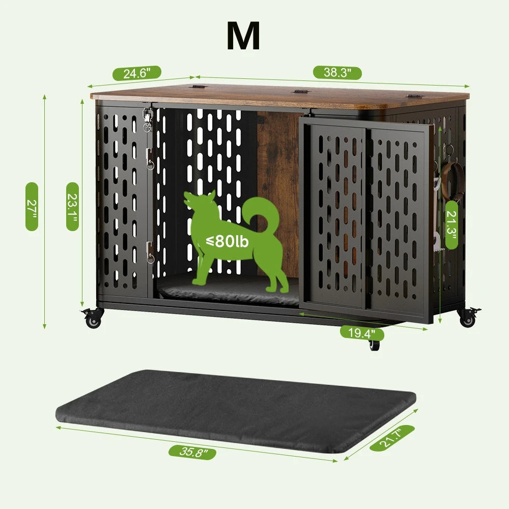 ONBRILL Wood Dog Kennel Crate With Cushion And Wheels