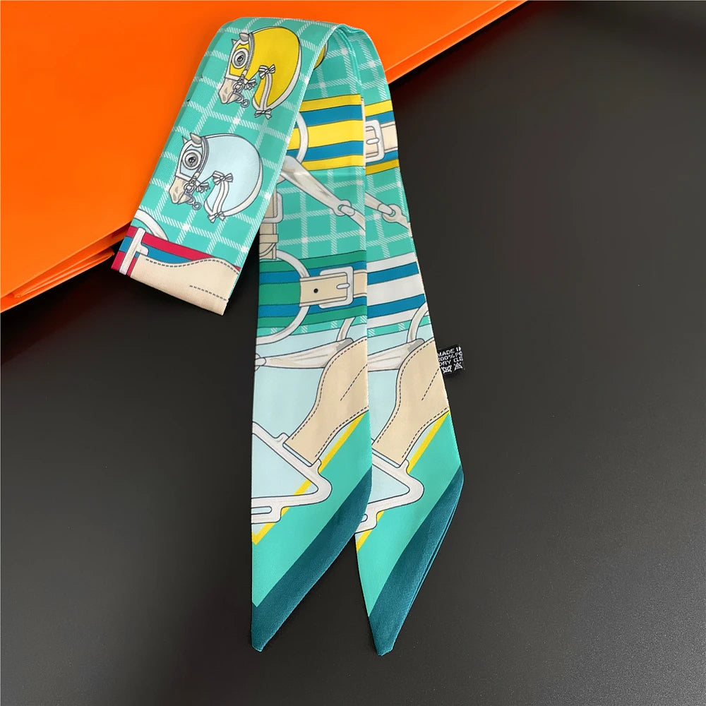 Gorgeous Saddle Print Summer Scarf 2023 Brand Design Women Skinny Bag Scarves Hair Band Neck Silk Scarf Ladies Foulard Headband