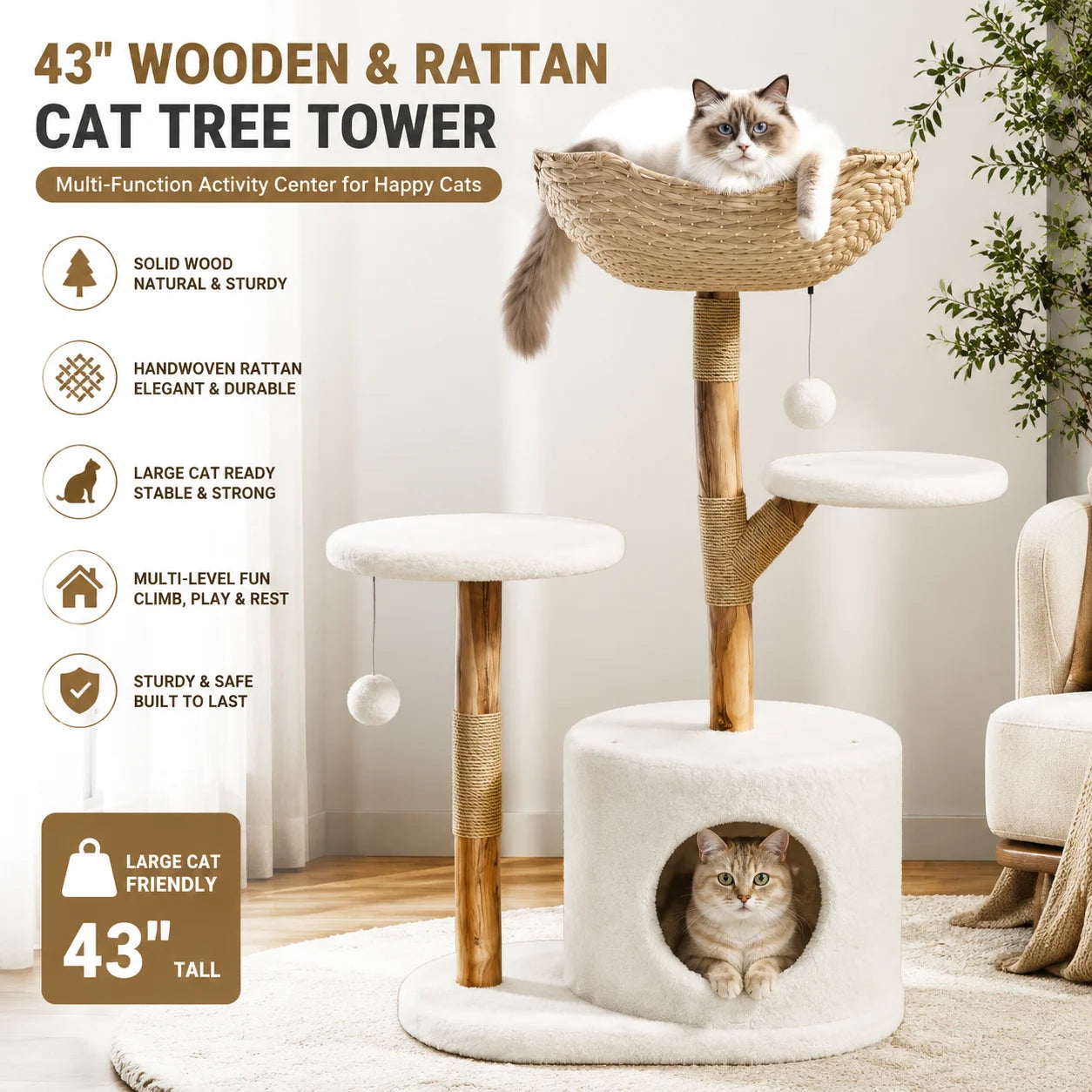 43 Inch Wooden Cat Tree Tower with Rattan, Large Cat Climbing Furniture, Multi-Level Activity Center with Perches, Sturdy Indoor Pet Furniture for Cats, Floor Mount