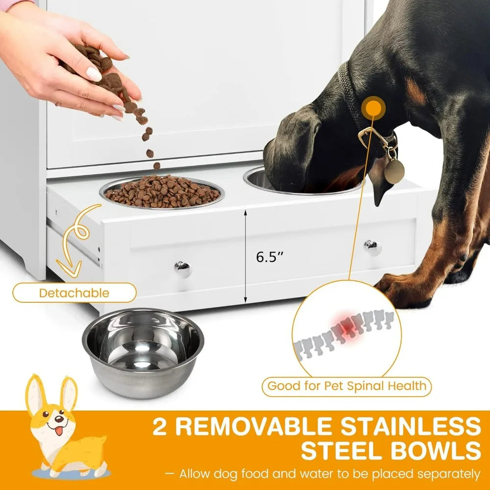 Pet Feeder Station With Double Pull-Out Bowls Dog Food Storage Cabinet