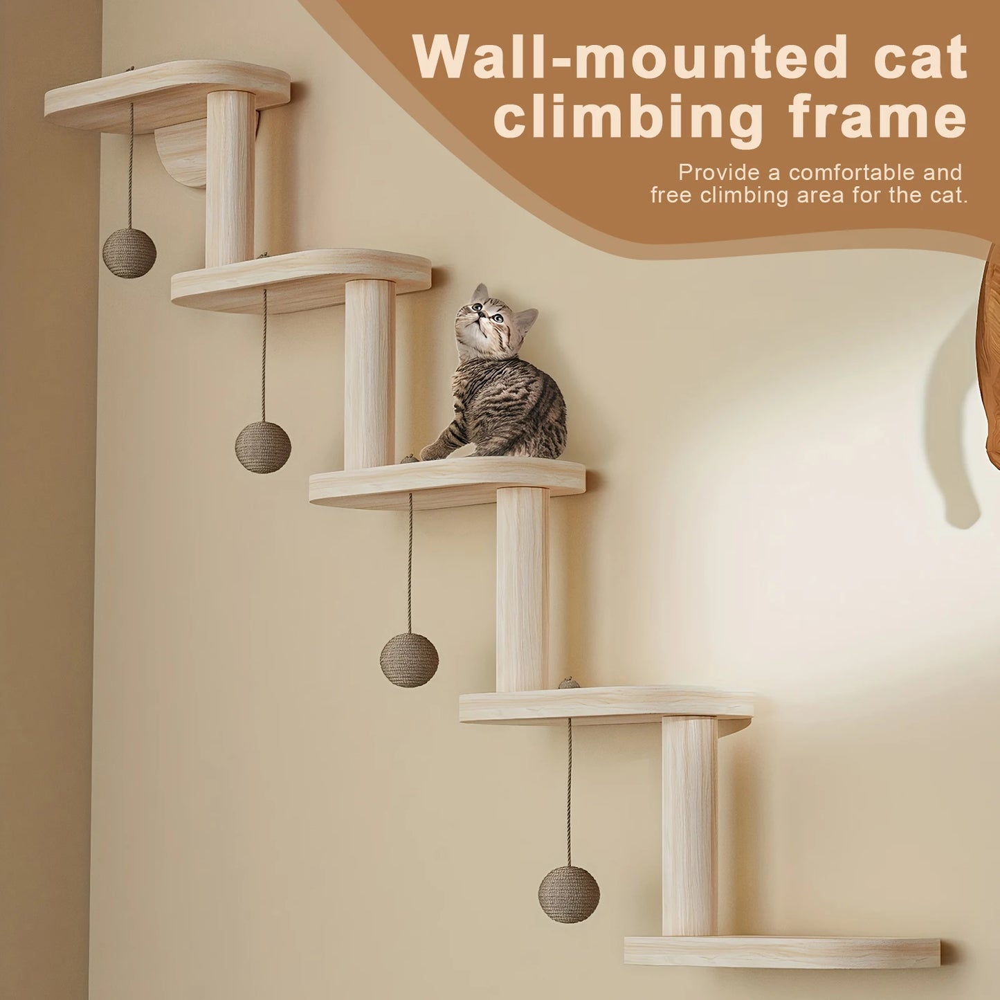 Wooden Cat Climbing Frame Wall Mounted Five-Step Ladder Shelf
