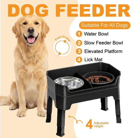 4-in-1 Adjustable Elevated Dog Feeder, Raised Dog Bowl Stand with Stainless Steel Water Bowl, Slow Feeder Bowl & Lick Mat, 4 Height Adjustable Anti-Choke Pet Food Water Dish for Small Medium Large Dogs
