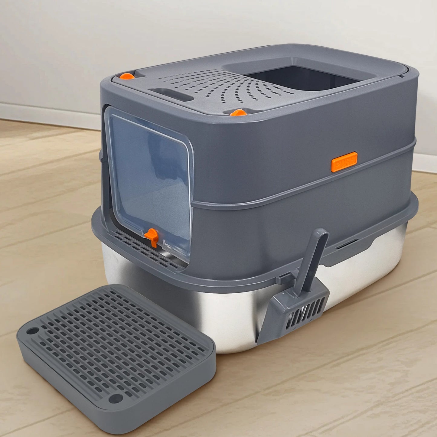 Large Enclosed Cat Litter Box With Lid And Scoop Stainless Steel