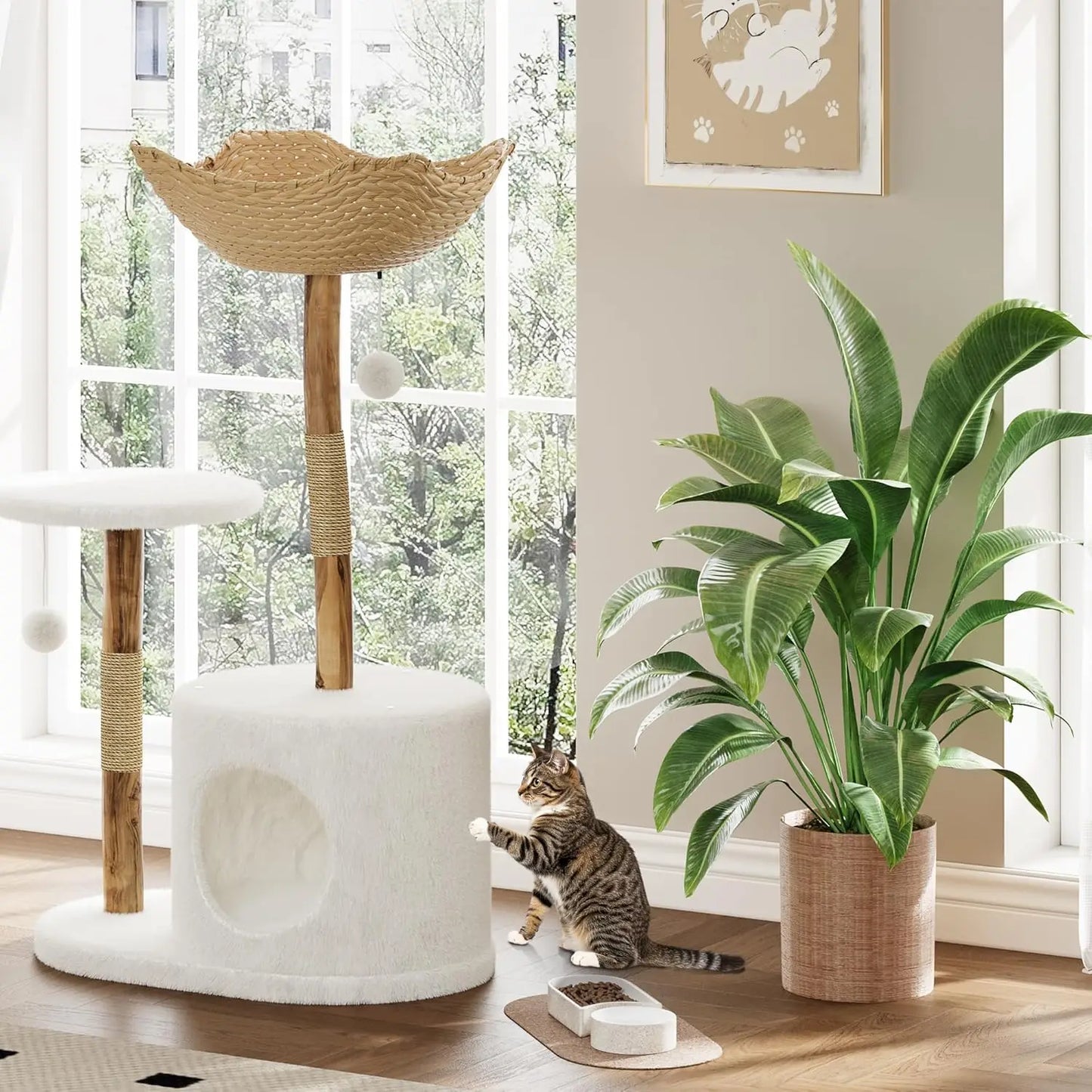 43 Inch Wooden Cat Tree Tower with Rattan, Large Cat Climbing Furniture, Multi-Level Activity Center with Perches, Sturdy Indoor Pet Furniture for Cats, Floor Mount