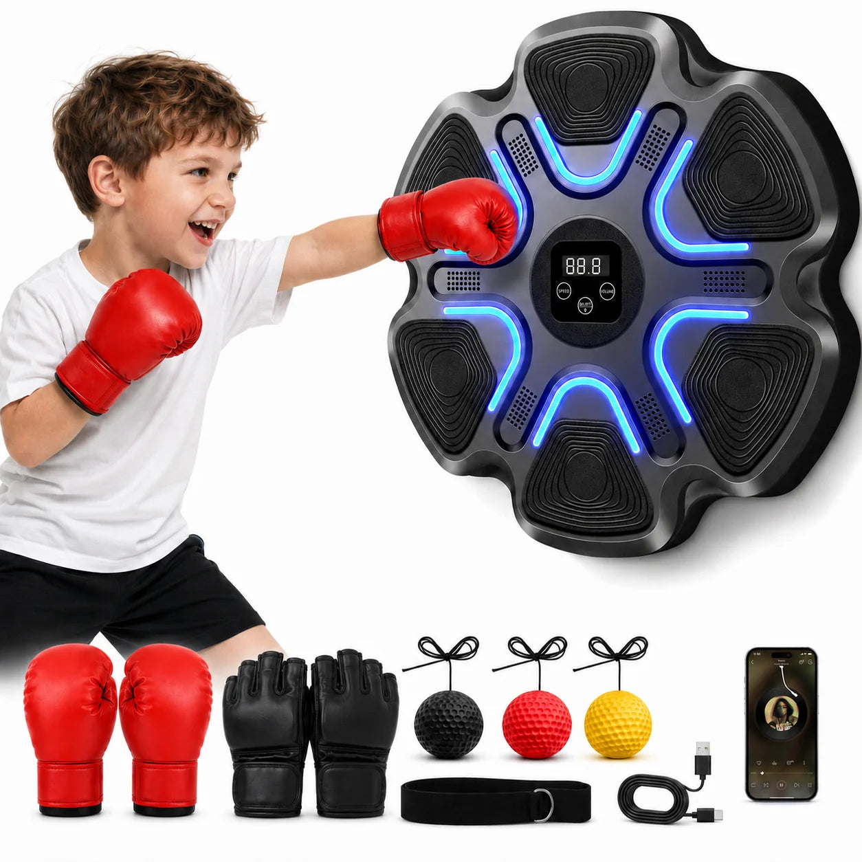 Music Punching Workout Machine 6 LED Light Targets Real-time Counting Function 5 Volume Levels Adjustable Training Intensity Rechargeable Boxing Reaction Trainer for Home Gym