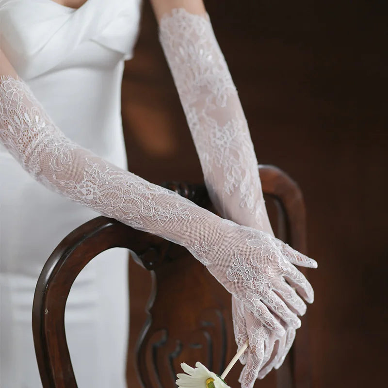 Women Sexy Thin Lace Flower White Black Long Gloves Transparent Mesh Eyelash Tulle Bridal Wedding Party Dress Accessories