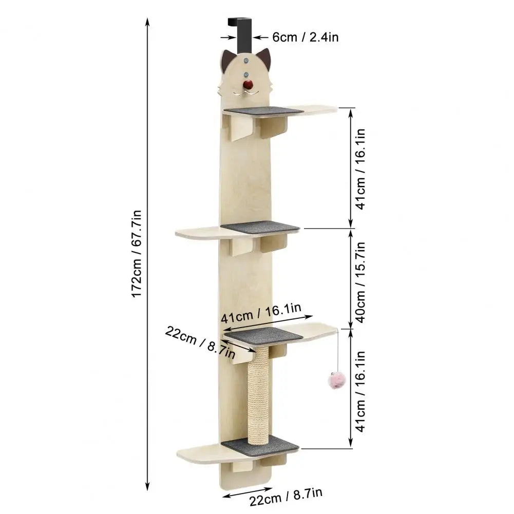 Indoor Over Door Cat Hanger 4-Layer Vertical Cat Climbing Shelf Cats Tree with Scratching Pad Post Tease Cat Ball Home Use