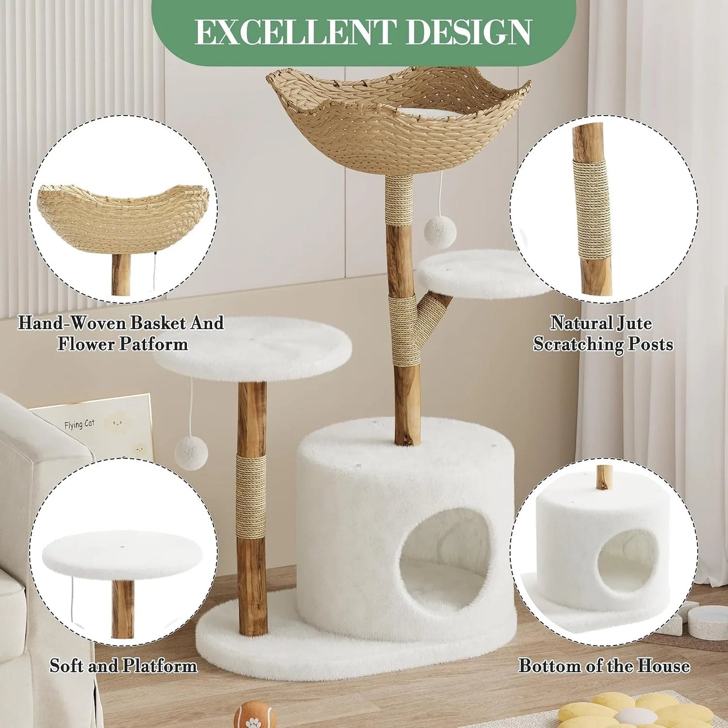 43 Inch Wooden Cat Tree Tower with Rattan, Large Cat Climbing Furniture, Multi-Level Activity Center with Perches, Sturdy Indoor Pet Furniture for Cats, Floor Mount