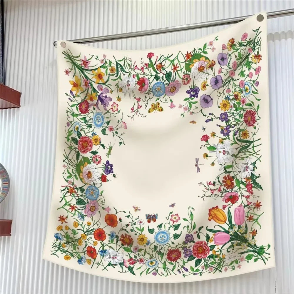 Silk Scarf Women Floral Printed Square Scarves Head Echarpes Silk Foulards Femme Wraps Beach Shawls Bandana Lady Hijabs 90CM