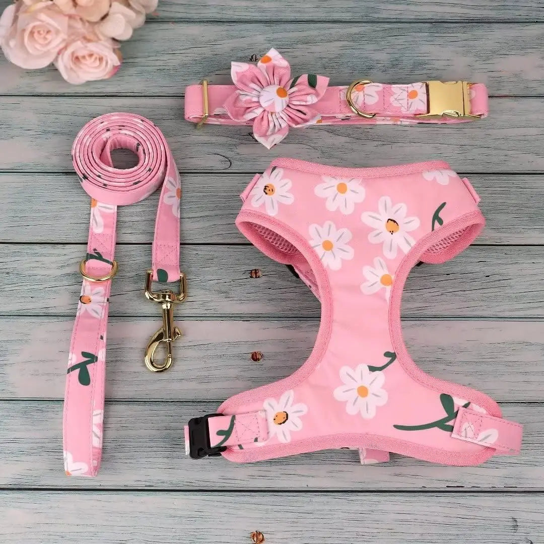 Cute Flower Dog Collar Harness And Leash Set For Puppies