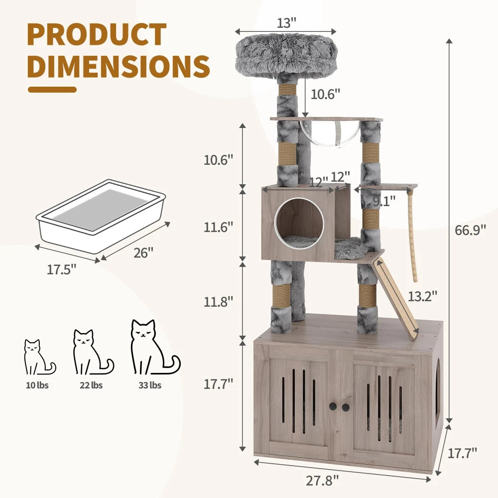 HiMISSCN Cat Tree With Litter Box Enclosure And Storage