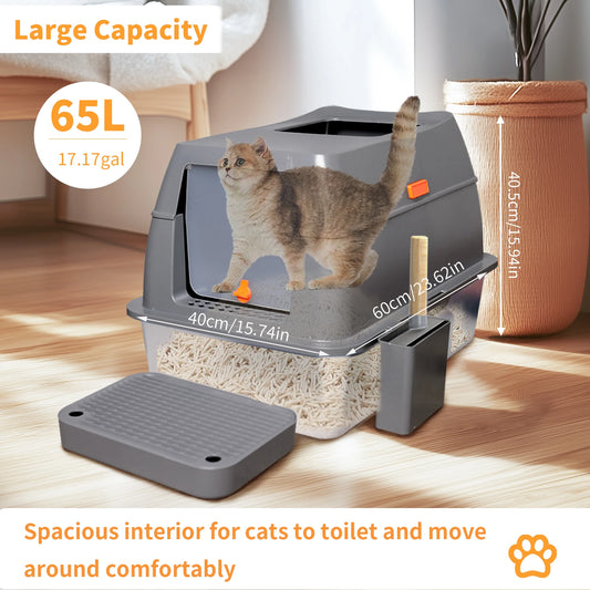 Large Enclosed Cat Litter Box With Lid And Scoop Stainless Steel