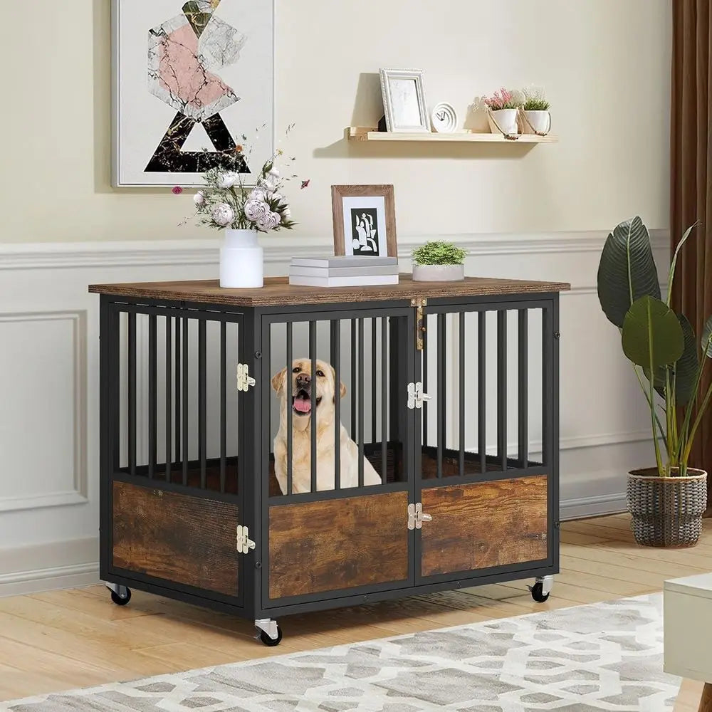 Rustic Heavy Duty Dog Crate With Wheels For Indoor Use