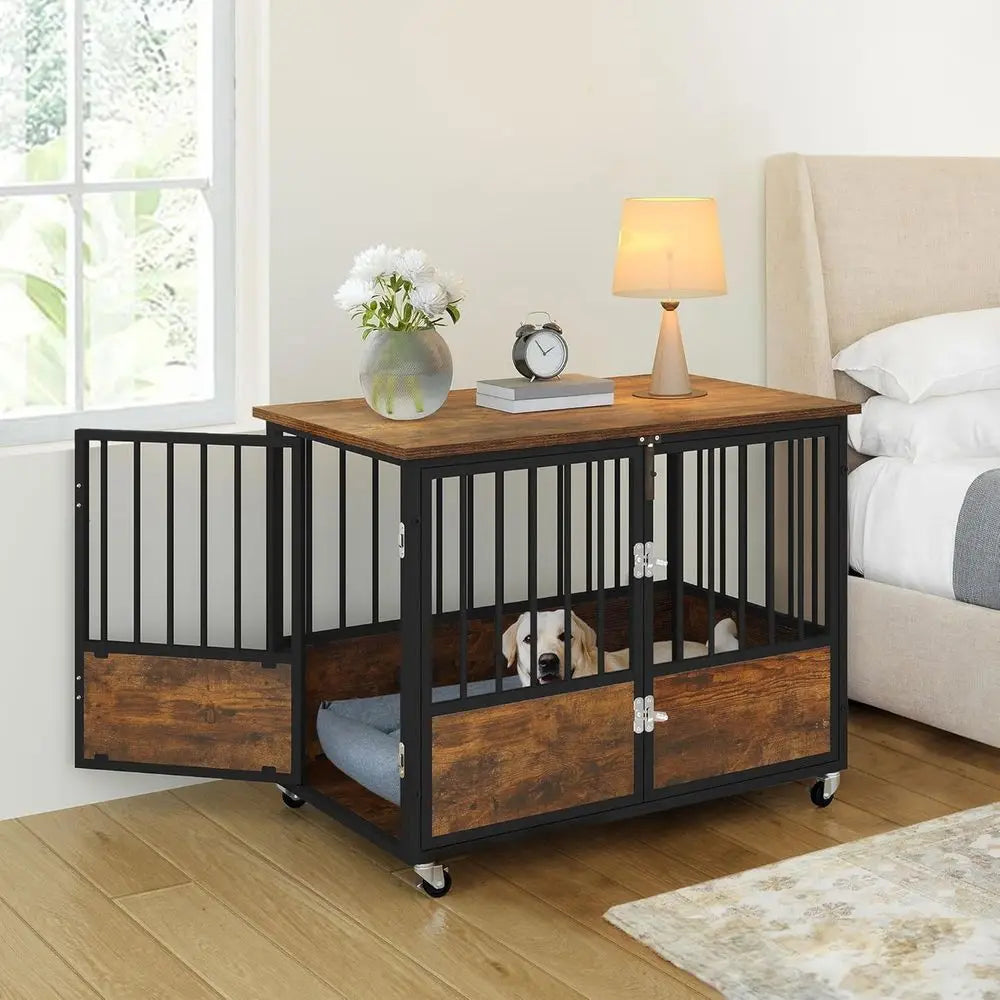 Rustic Heavy Duty Dog Crate With Wheels For Indoor Use
